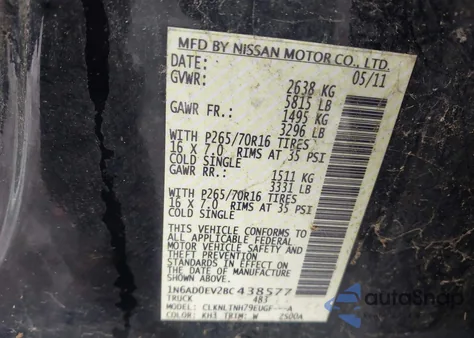 2011 Nissan Frontier Sv из США, поврежденный, VIN 1N6AD0EV2BC438577